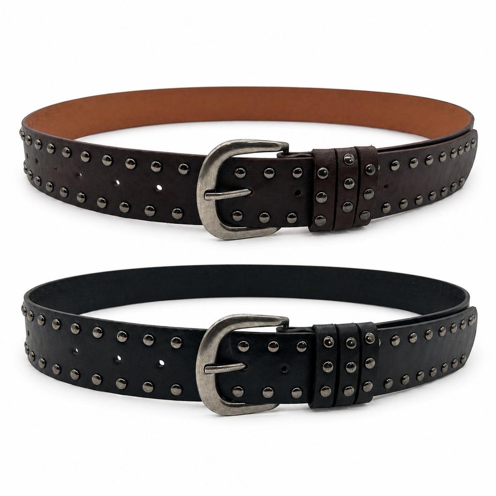 Double Row Rivet Belt Female Punk Style Retro Pin Buckle Belt with Belt