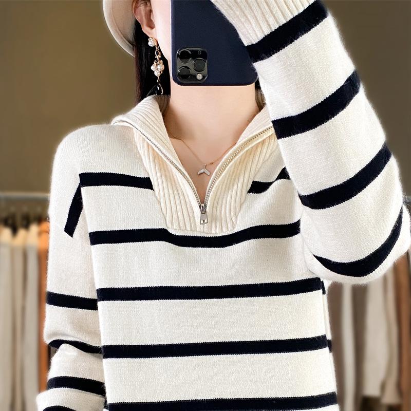 

Autumn and winter new thickened striped turtleneck zipper women s long-sleeved knitted sweater lapel color strip pullover bottoming shirt XXL