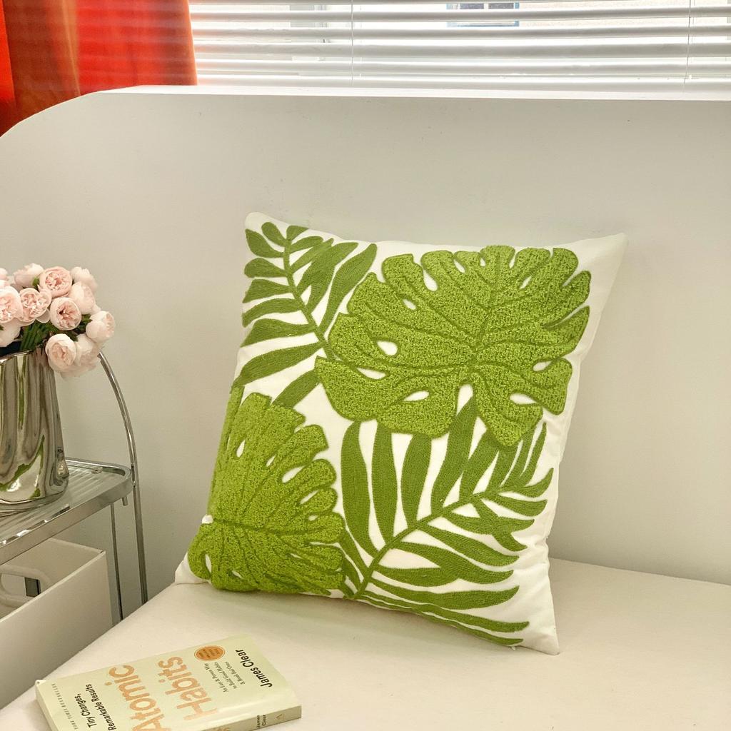 Green Plant Embroidered Decorative Throw Pillow Case Leaves Pattern Boho Cushion Covers For Living Room Sofa Bed Home Decor