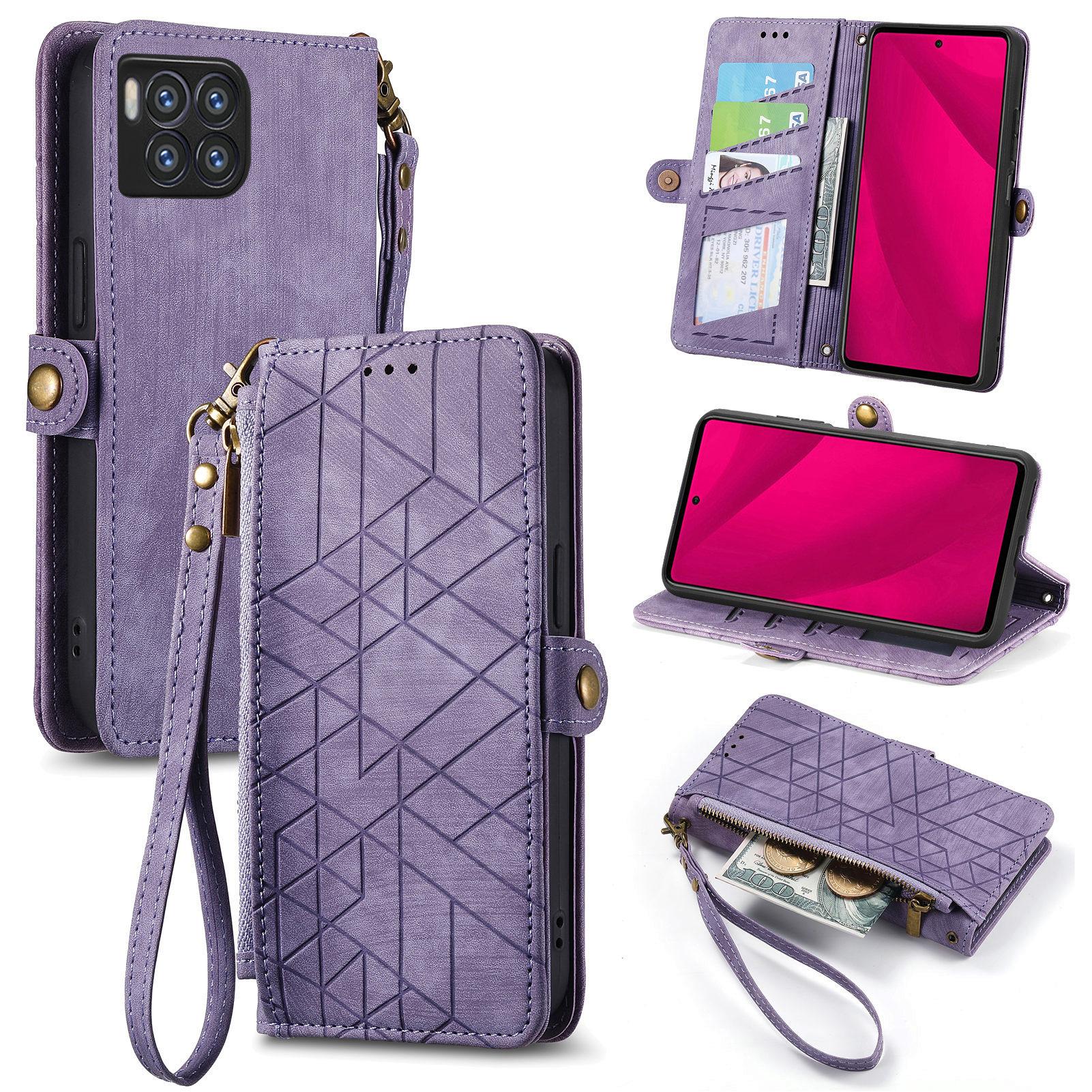 

For T-Mobile REVVL 7 Pro Case Zipper Pocket Handbag Geometry Leather Phone Cover Light Purple