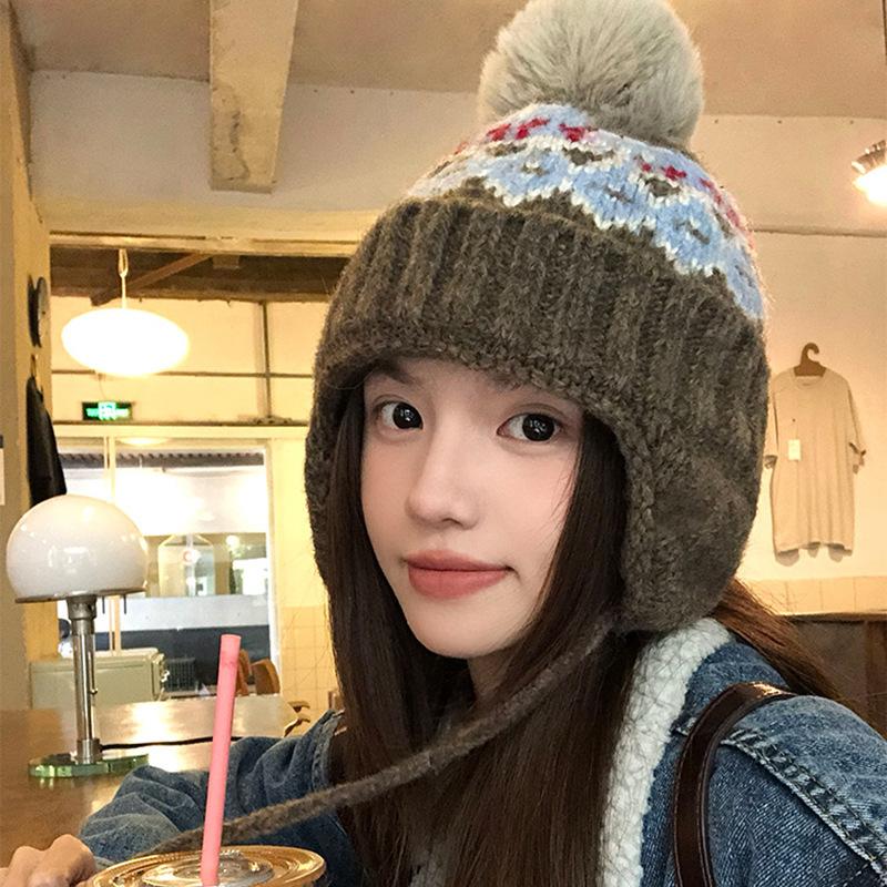 Autumn and winter knitted hat Fair Island ear protector wool hat women's thickened thermal hat winter knitted bag head Lei Feng hat