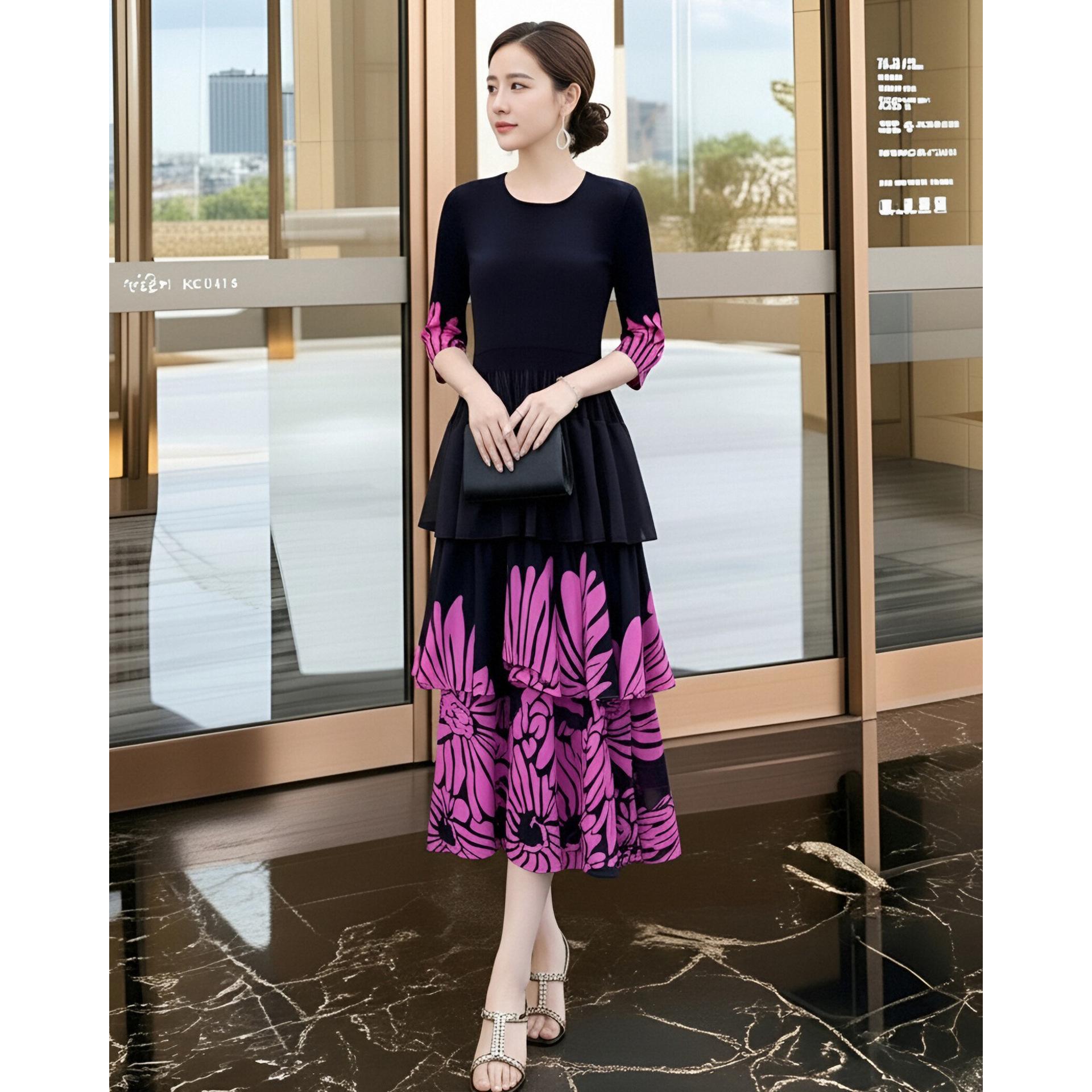 Women s Elegant Black Pleated Midi Dress - Spring New Arrival One Size