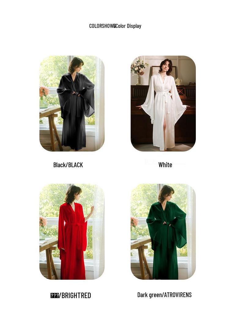 Sweet Satin Open-Front Robe: Deep V, Light Luxury, Tie-Waist, Wide Sleeves Homewear.