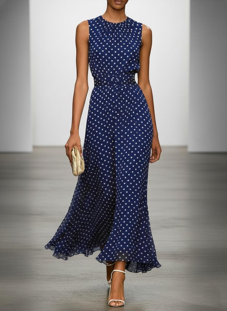 Spring new models, European and American polka dot sleeveless dress for women, French waist temperament long dress, thin A-shaped dress for women