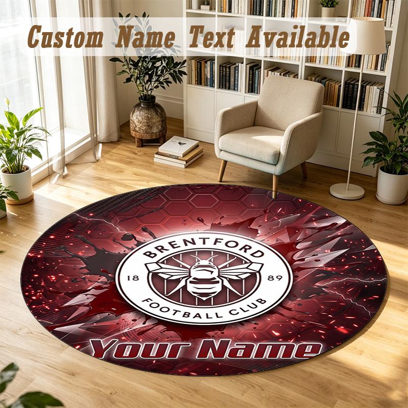 Round Rug Custom NameBrentford Football Pattern Non Slip Carpet Home Floor Decor