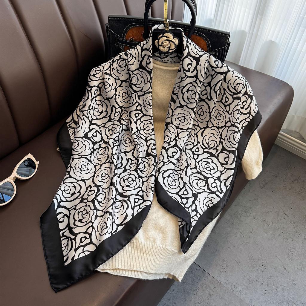 90×90Cm  Satin Shawl Design Flowers Silk Square Women Neck Scarves Wrap Headkerchief Beach Hair Band Women'S Bandana