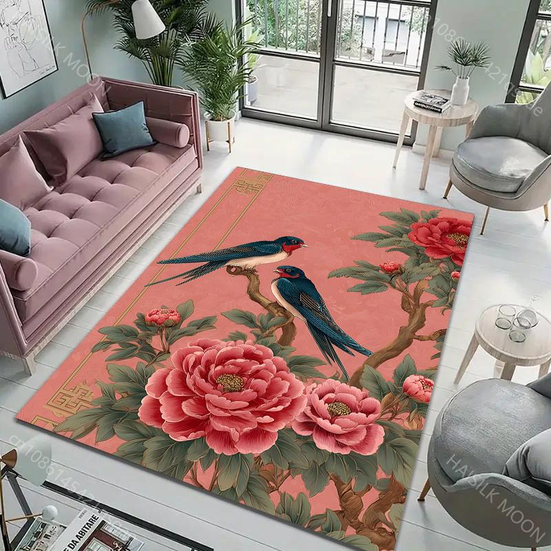 

Luxury Peony Flowers and Birds Print Carpet for Living Room Bedroom Sofa Home Decor Non-slip Floor Mat Luxury Gifts 40cm x 60cm