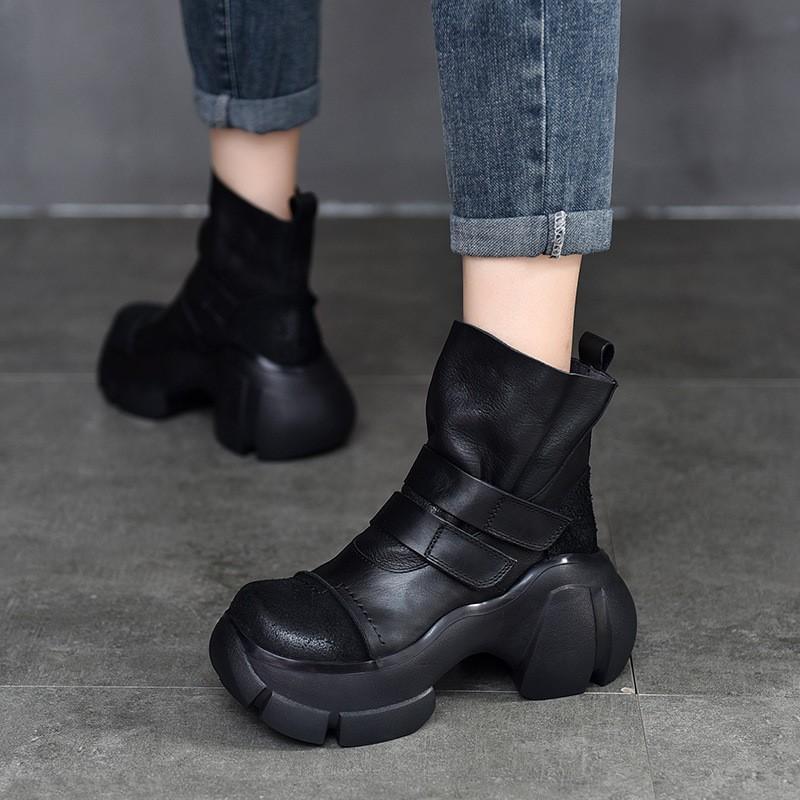 Fashion GKTINOO Retro Thick Soled Short Boots 2024 Autumn Winter New Genuine Leather Round Toe Solid Color Versatile Platform Shoes