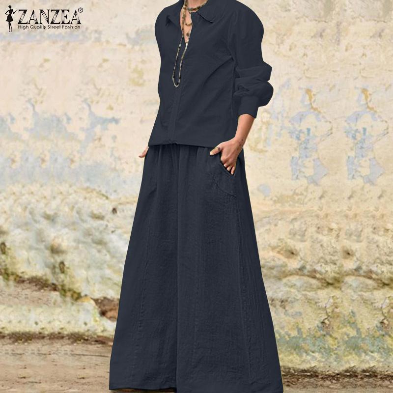 

ZANZEA Широкие наряды для ног Женская блузка и брюки Повседневный костюм Две части Комплект