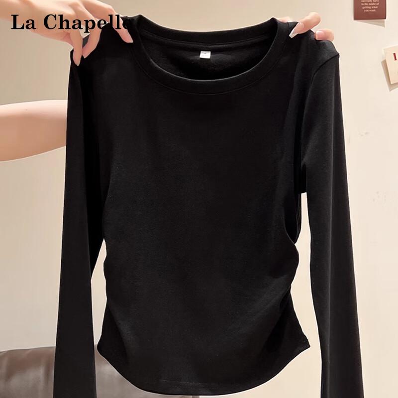 La Chapelle Women's Pleated Slim Fit Round Neck Long Sleeve Base Layer Top