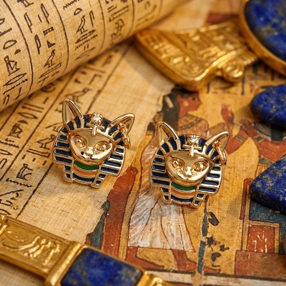 Enamel Egyptian Style Stud Earrings Unique Silver Ear Studs Fashionable Cat Pharaoh Earrings Girls