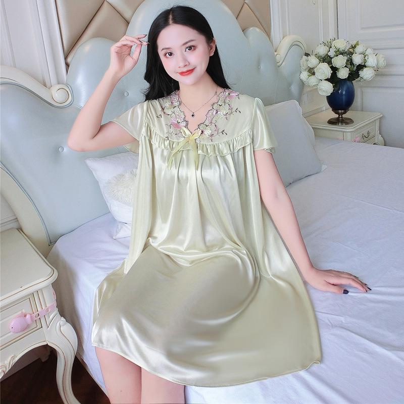 Plus Size Ice Silk Lace Nightgown - Women's Short Sleeve Summer Lingerie with Swing Skirt