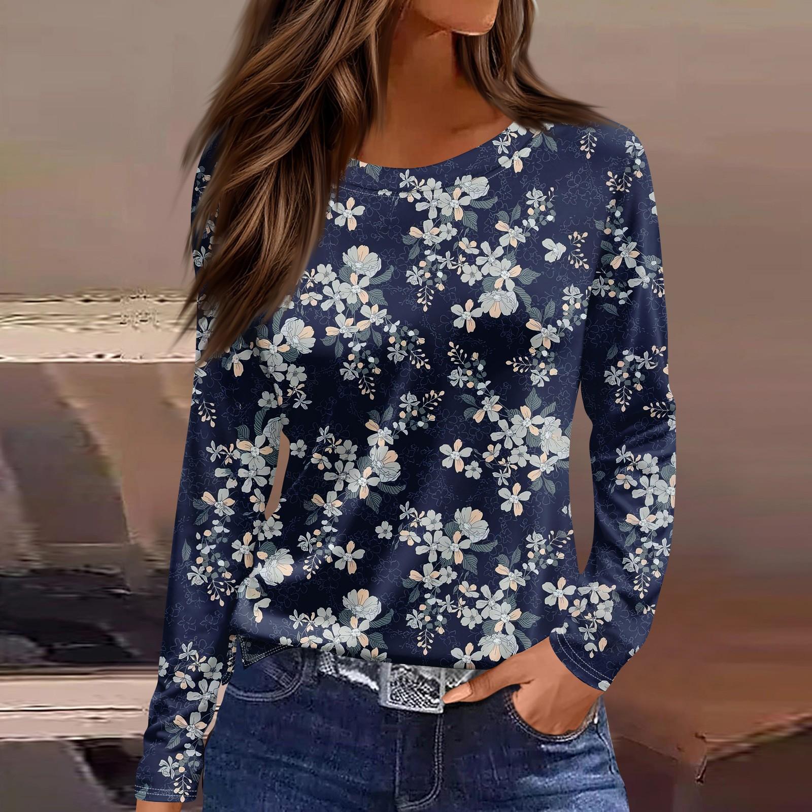 

Жіноча модна повсякденна футболка з розрізом і круглим вирізом з довгим рукавом і принтом. XXXL Темно-синій