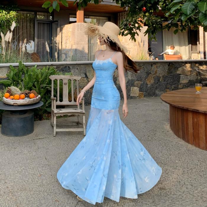 Foreign Style Lace Splicing Suspender Dress Women's Summer New Waist Age-reducing Printed Mesh Fishtail Dress