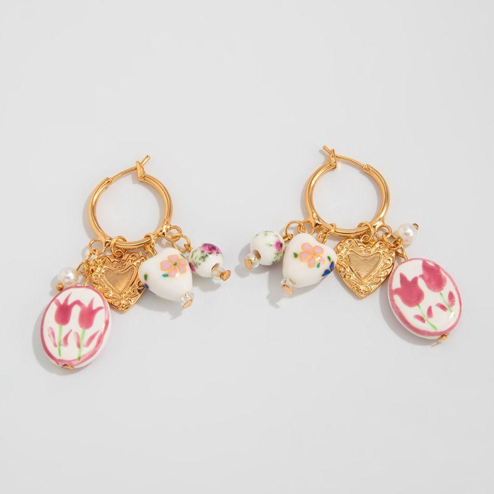 Zinc Zinc Alloy Ceramic Ear Buckle Jewelry Accessories Hoop Earrings Blue and White Porcelain Earrings  Lady