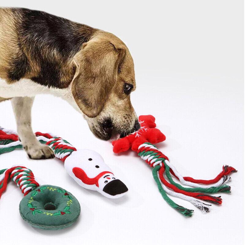 Christmas Pet Dog Chew Toys Braided Cotton Rope Santa Xmas Tree Snowman Gift DH