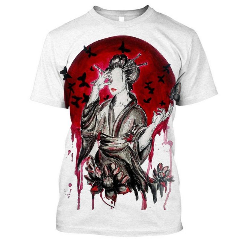 Japanese Geisha Samurai Men's T Shirt Casual Round Neck Short Sleeve Tees Fashion Trend Harajuku Pullover Oversized Hip Hop Tops