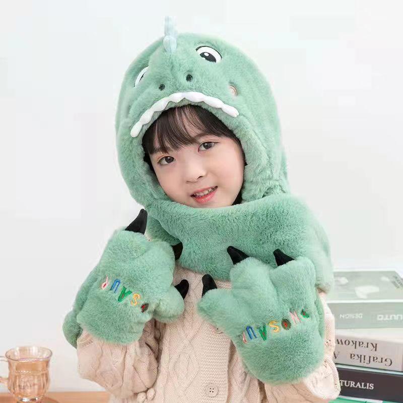 Winter Children's Hat Scarf One-piece Boy Dinosaur Girl Boy Baby Plush Gloves Three Piece Set Dinosaur Cartoon