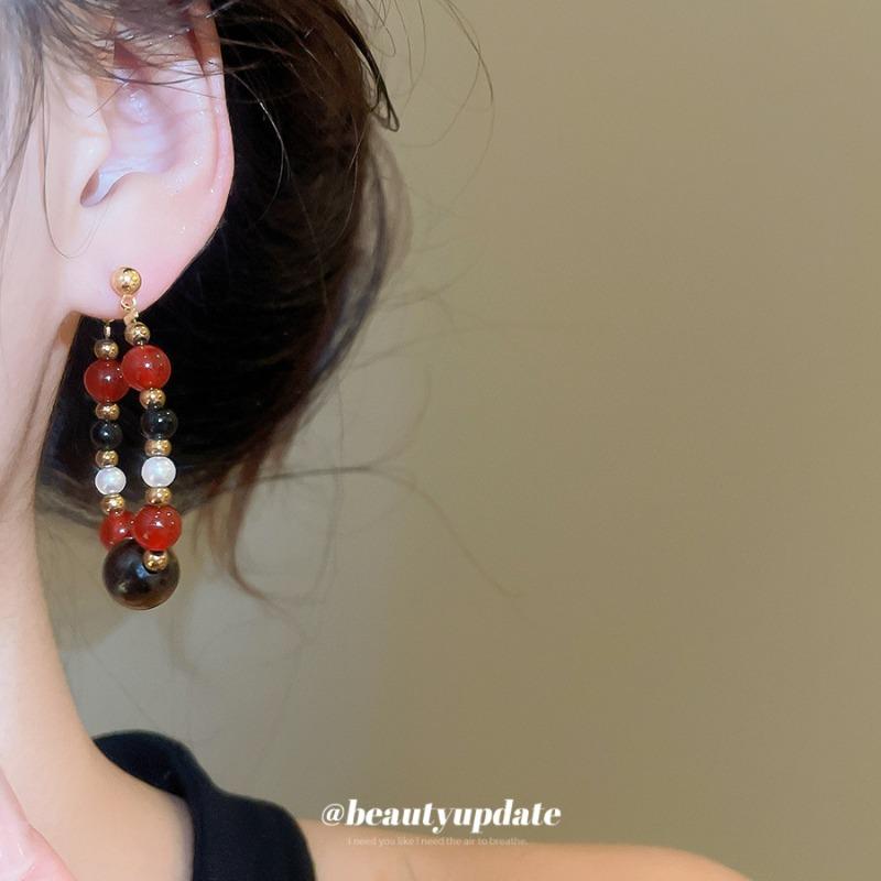 Silver Needle Round Black Gallstone Tiger's Eye Pearl Earrings Light Luxury Premium Stud Earrings Maillard Retro Earrings Earrings