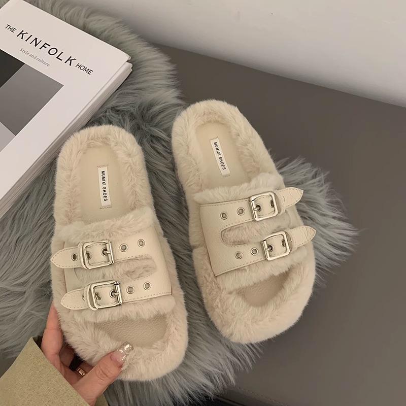 

Модные пушистые тапочки на толстой подошве, женские, 2024, новые односложные пушистые хлопковые туфли, которые можно носить осенью и зимой 35