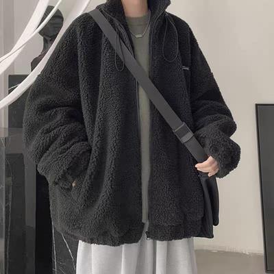 Abrigo de otoño e invierno para hombre, con cordón, cuello alto, holgado, de piel de cordero sintética, chaqueta con bolsillos, ropa de abrigo gruesa y cálida