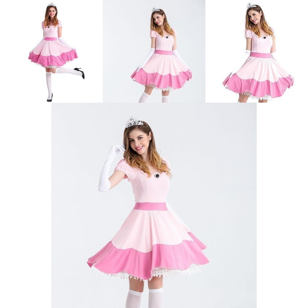 Elegant Super Mario Pink Princess Peach Costume Dress With Crown And Gloves Set