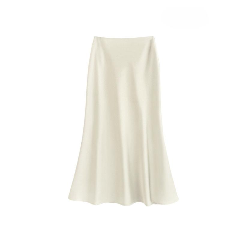 Satin High Waisted Midi Skirts for Women Hidden Elasticized Waistband A Line Flared Skirt Women's Spring Summer Silk Cocktail Flowy A-Line Skirts