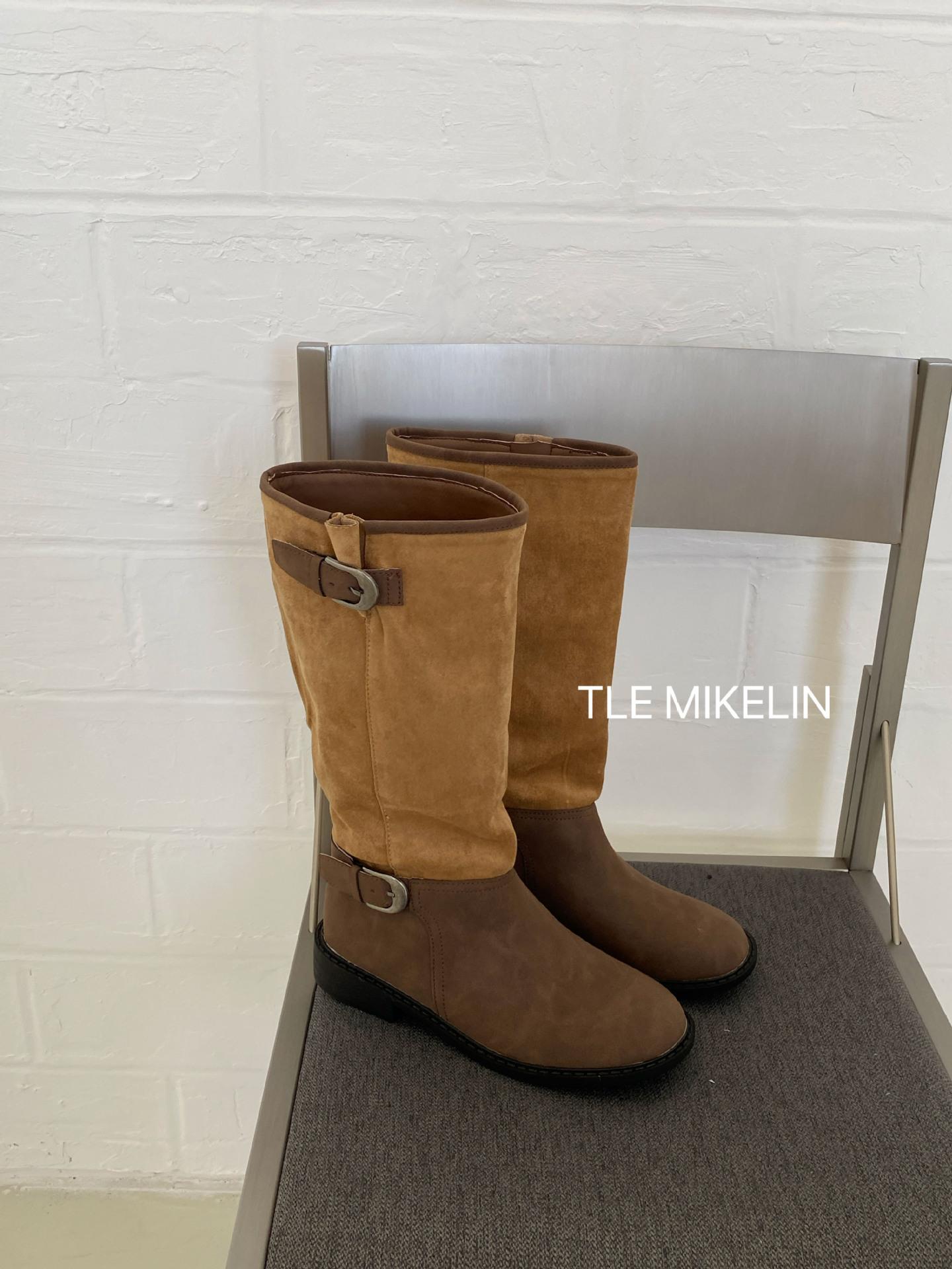 

2025 new fashion belt buckle color matching western cowboy boots round head thick heel sleeve fashion knight boots British style 39