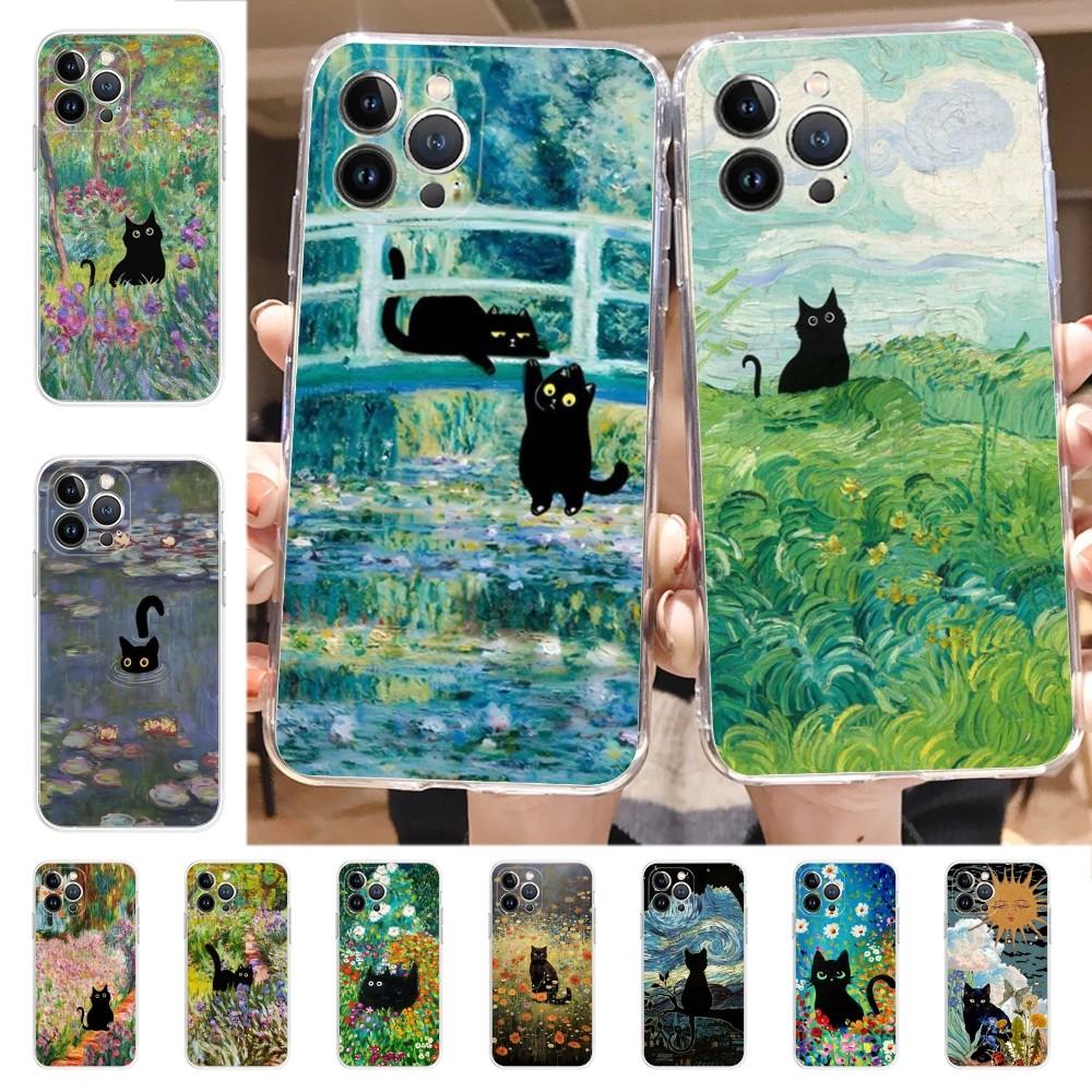Cartoon Animal Black Cat Oil Painting Phone Case for iPhone 16 15 8 7 6 6S Plus X SE XR XS 14 11 12 13 Mini Pro Max Mobile Case