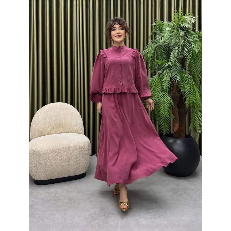 Western Style New Fashion Casual Stand Collar Long Sleeve Shirts Skirt Sets Shirt and Skirt Set