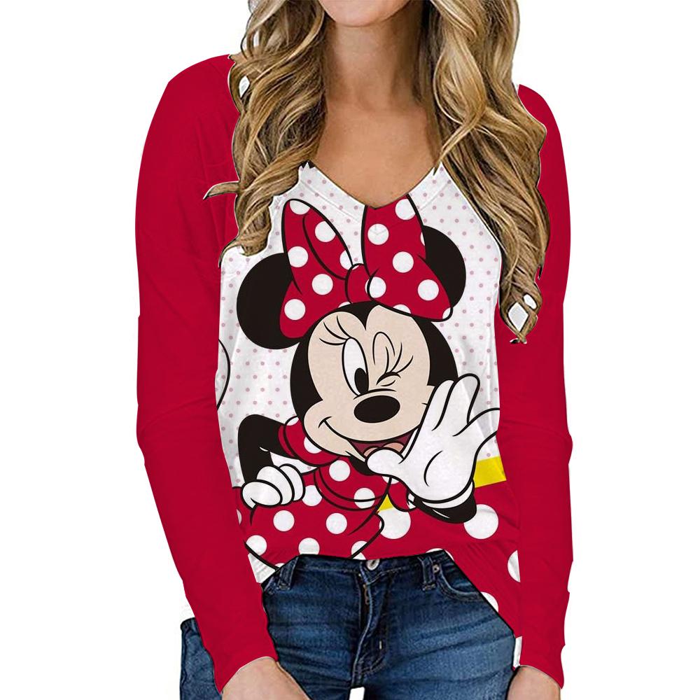 

Женская футболка с V-образным вырезом и длинным рукавом Disney Mickey Mouse Футболка Осень Новый Топ Уличный Повседневный 2025 Y2k s-3XL XL