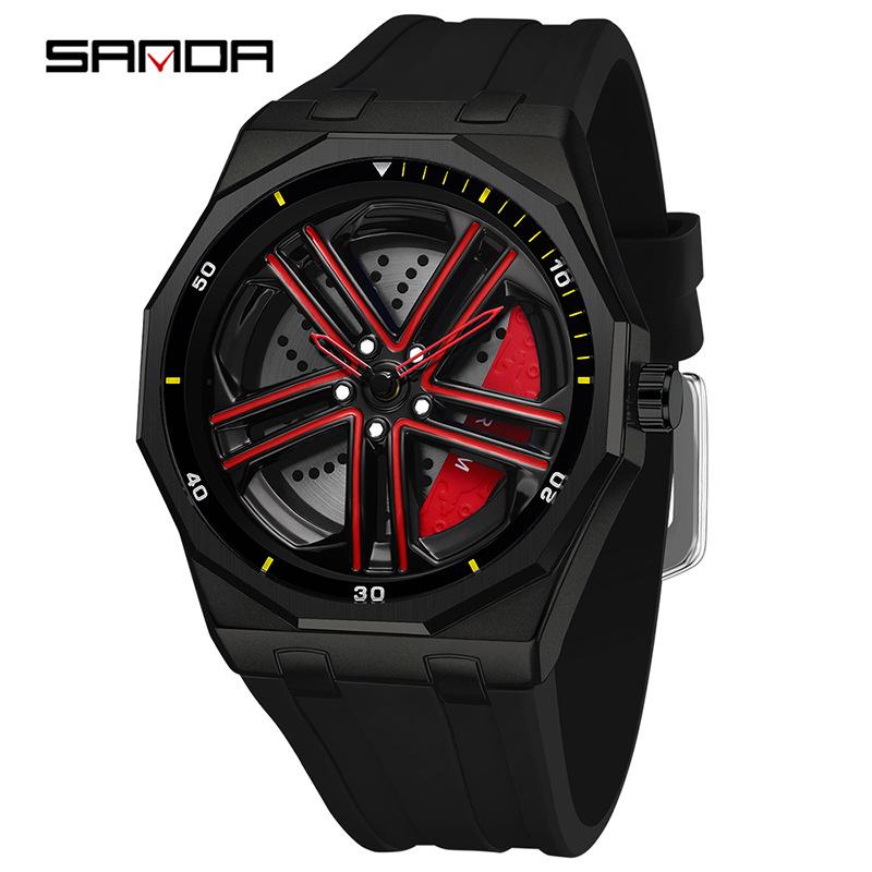 Sanda Men's Waterproof Alloy Car Wheel Design Silicone Wristwatch