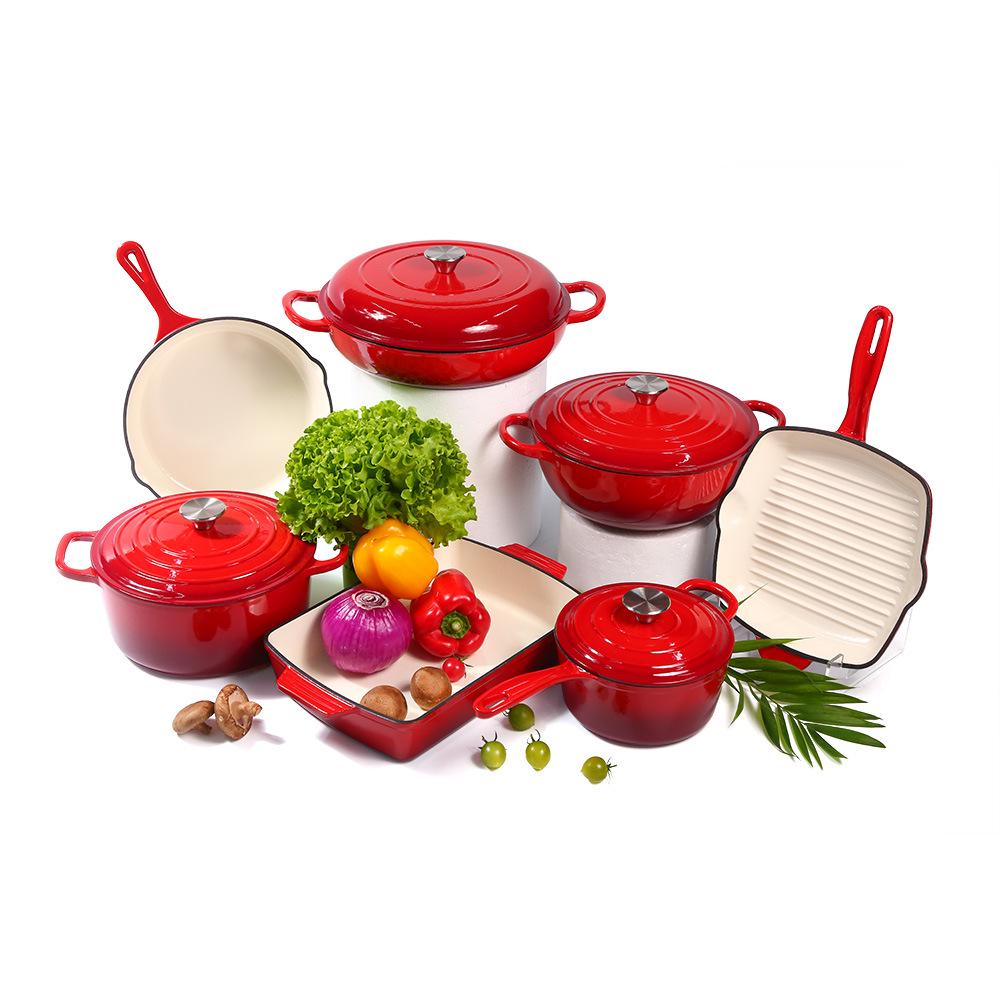 Emaljerat gjutjärn 7-delars set: Soppgryta, Mamma-gryta, Stekpanna, Non-stick-panna