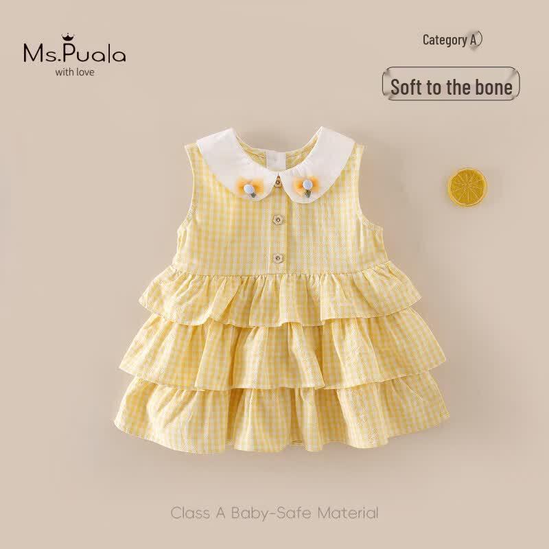 MS. Puala Girls Sweet Plaid Sleeveless Tiered Summer Dress 73 cm