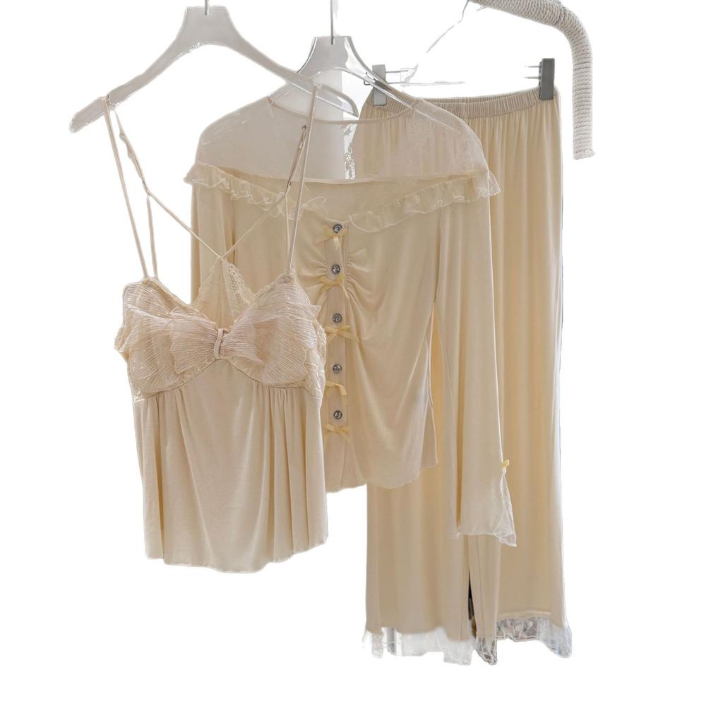 French sweet modal cotton pajamas with chest pads, sexy suspender pajamas, three-piece set, spring and summer women's long-sleeved loungewear