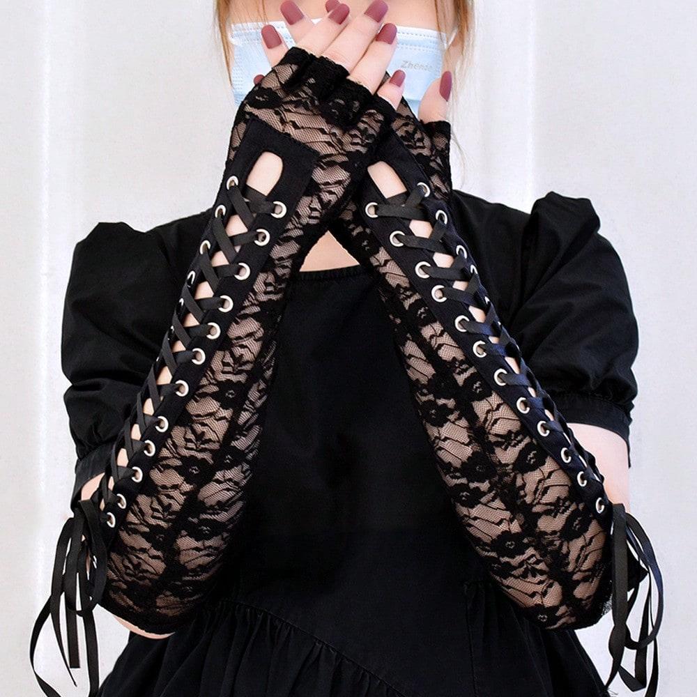 Long Lace Half Finger Gloves JK Lace Strap Gloves Black Vintage Lolita Tide Dark Punk Hand Sleeves
