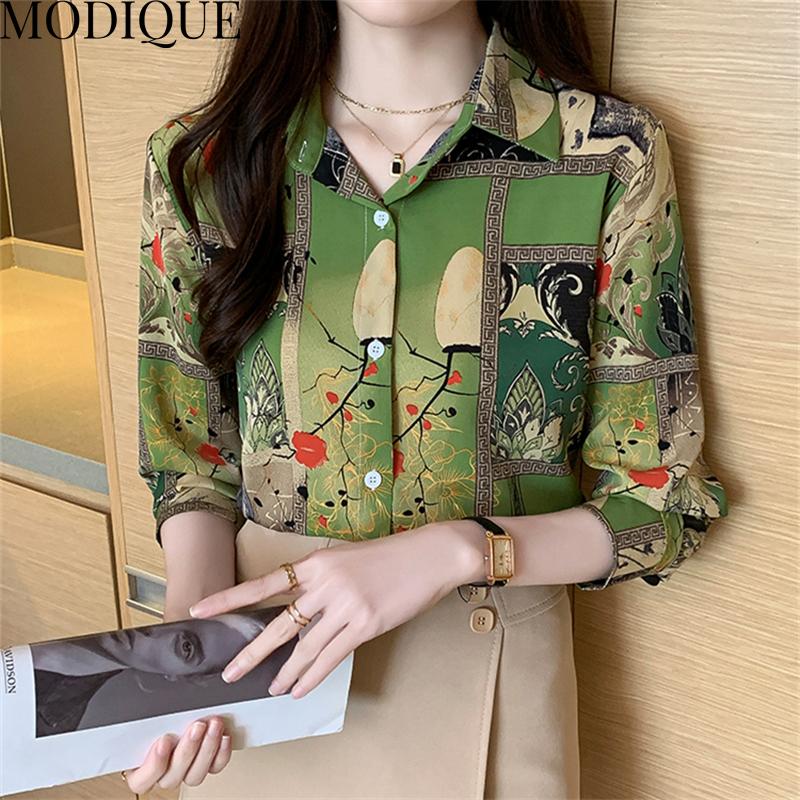 MODIQUE Jaro Léto Nadměrné velikosti Dámské Volné Elegantní Bavlněné Hedvábné Květinový Vzor Halenky Košile Dámská Móda Oversized Výstřih do V Dlouhý Rukáv Kabáty