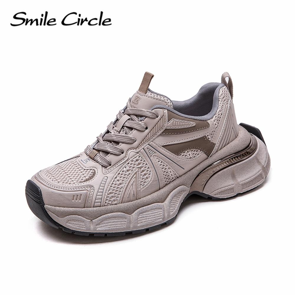 Damen Sneakers aus echtem Leder mit runder Zehenpartie und zunehmender Höhe, modische Freizeitschuhe mit dicker Sohle