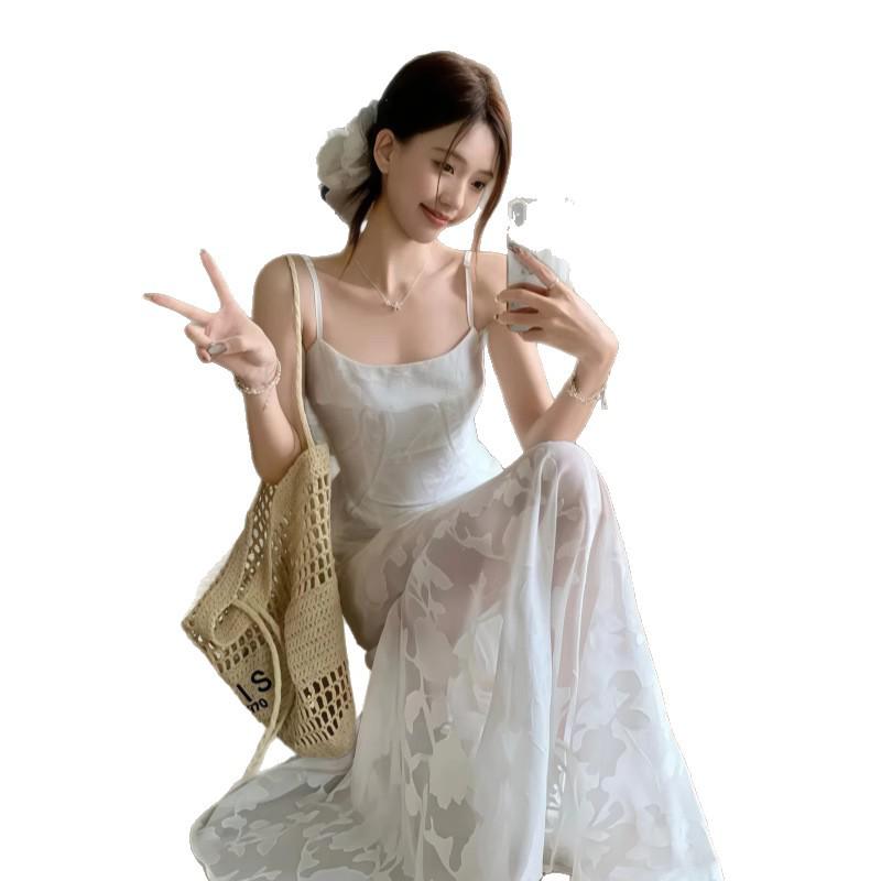 Seaside Resort Floral Print Camisole Dress: Elegant Waist-Cinching Summer Long Dress for Women