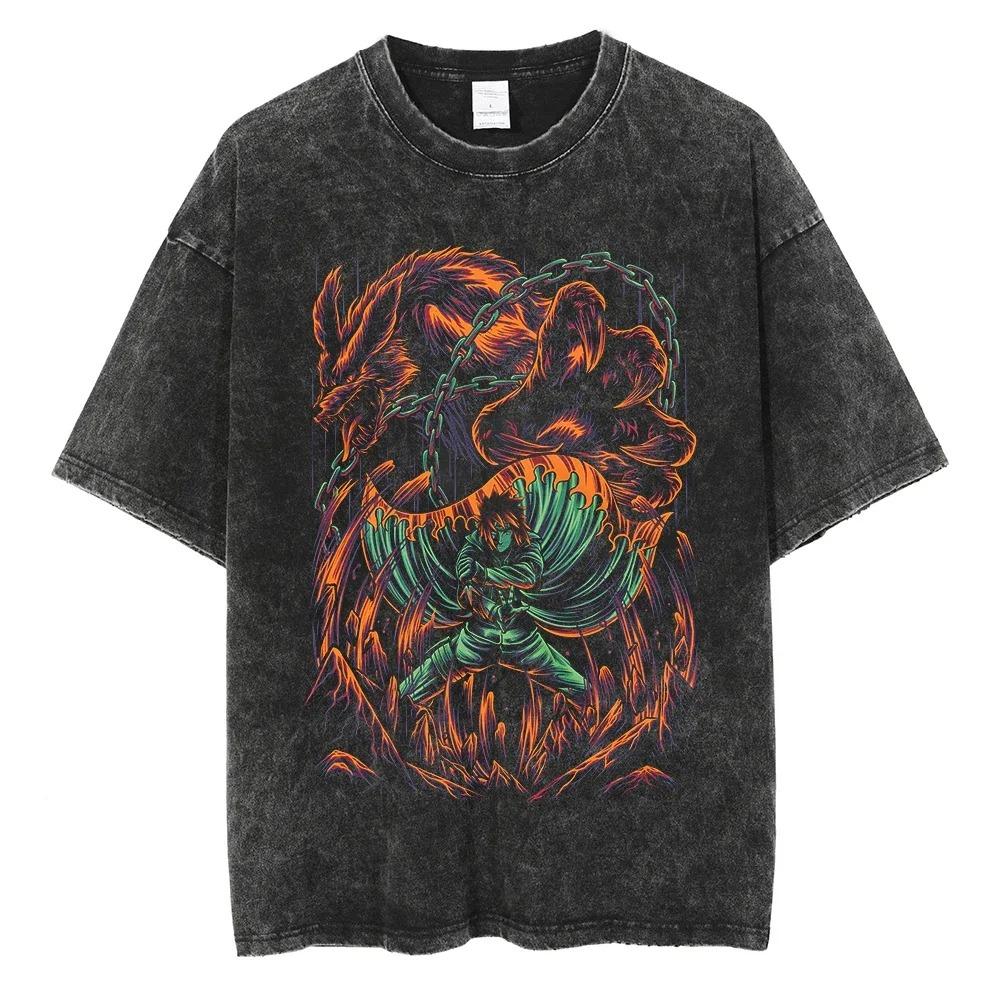 Anime Naruto Print T-Shirt Washed Oversized Tee Summer Short Sleeve Cotton Men Women Streetwear Vintage Black Washed T Shirt Harajuku Tops