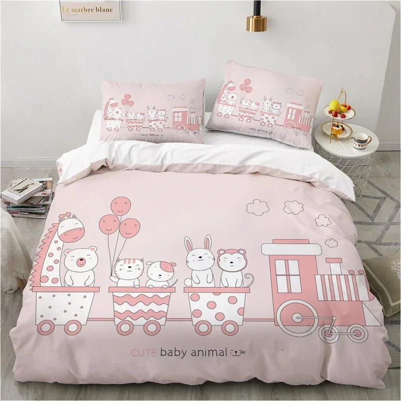 Cute Cartoon Animals Pink Toddler Funny Cat Comfortable Duvet Quilt Cover Pillowcase Bedding Set Bedroom Decoration Home Textile