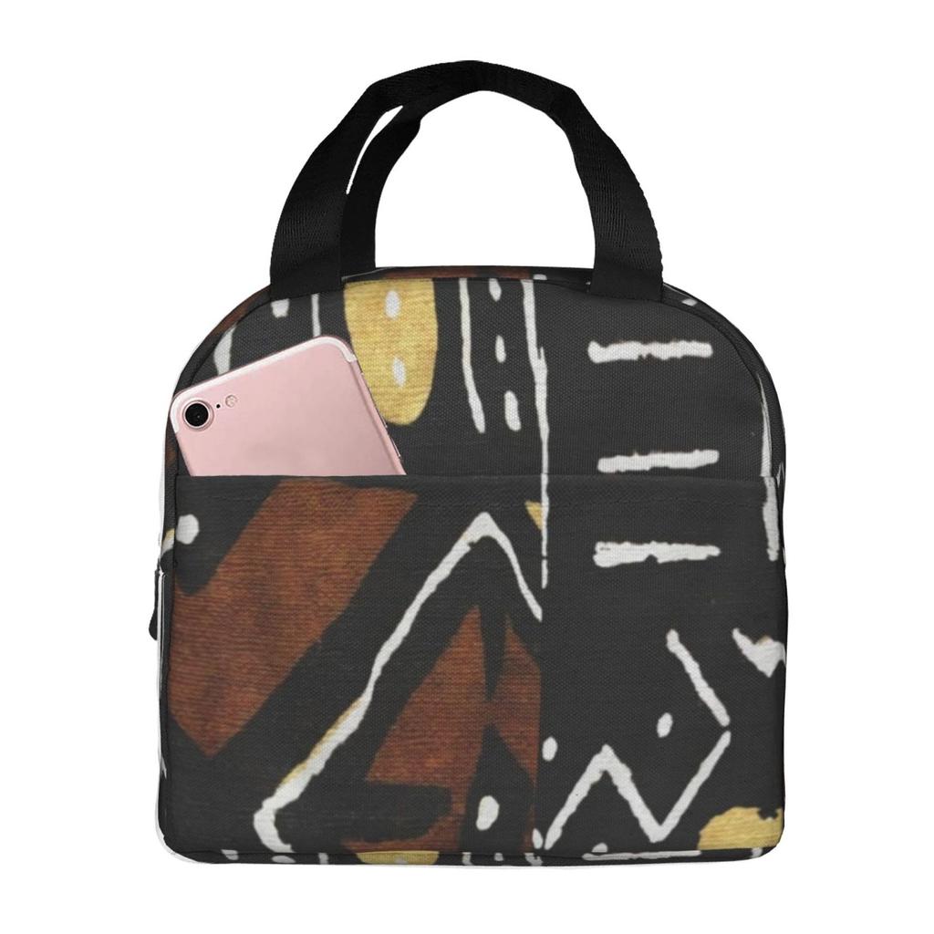 Afrocentric African Series Pattern Print Lunch Tote Bag Insulated Leakproof Lunch Box Container with Front Pocket for Girls Boys