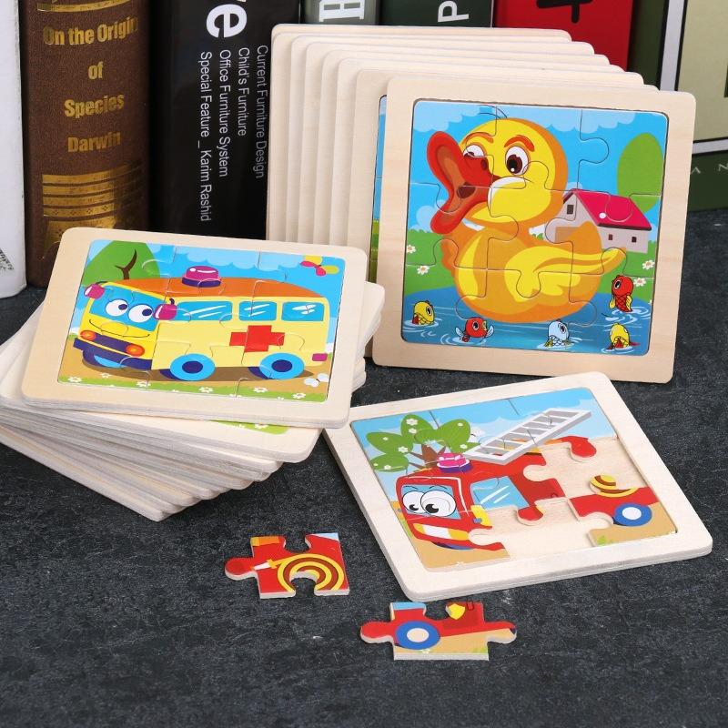 Holz 3-7 Jahre alt 9-teiliges Holzpuzzle, Tierpuzzle für Kinder, pädagogisches Früherziehungs-Cartoon-Flachpuzzle-Spielzeug