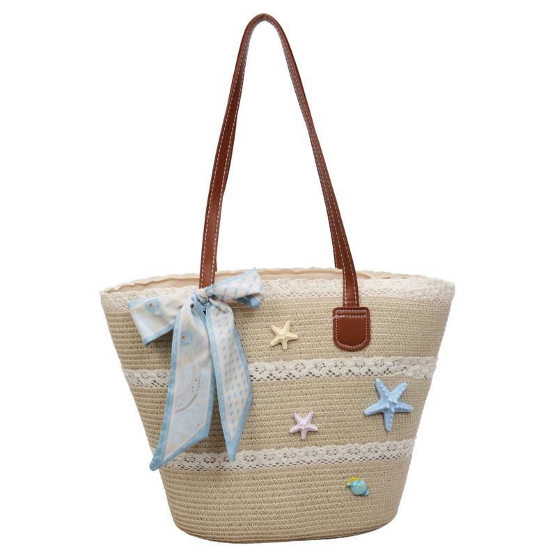

Summer Elegant Straw Woven Zipper Tote Bags for Women Large Capacity Beach Shoulder Bag Starfish Decoration Handbags for Travel бежевый