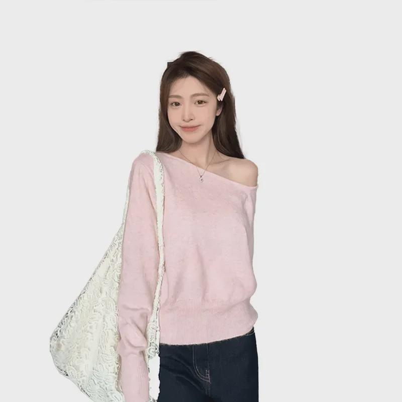 Women's Pink Off-Shoulder Knitted Top: Korean Spring 2025 Collection