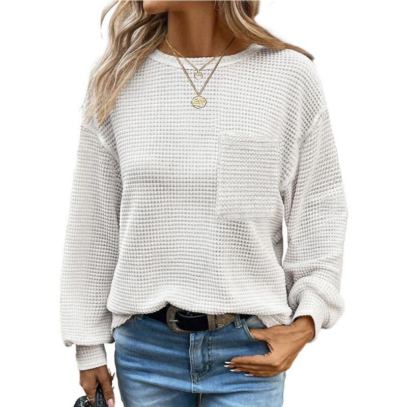 2026 Waffle Knit Round Neck Pocket Casual Loose T-shirt - TikTok Trendy