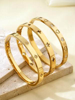 Bracciale Semplice di Lusso Leggero in Acciaio Inossidabile Placcato Oro 18k con Stella, Sole, Cuore con Zirconi, Bracciale a Moschettone da Donna