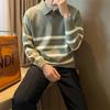 Jesień Prosty Sweter w Paski z Klapami Męski Casualowy Vintage Moda Dzianina Luźny Sweter Dzianinowy
