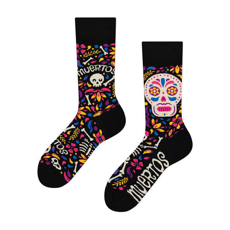 Trendy Asymmetric Mandarin Duck Cotton Socks - Skull Design, Medium-High Tube, for Couples