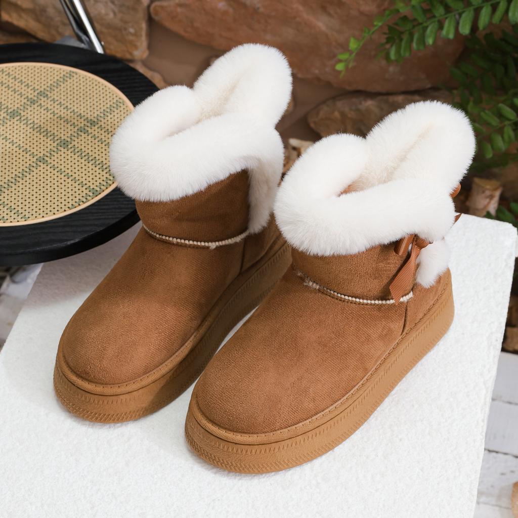 Women Boots Warm Butterfly Knot Cross Border Round Toe Shoes for Women Winter Thick Bottom Plush Casual Snow Cotton Boots Women